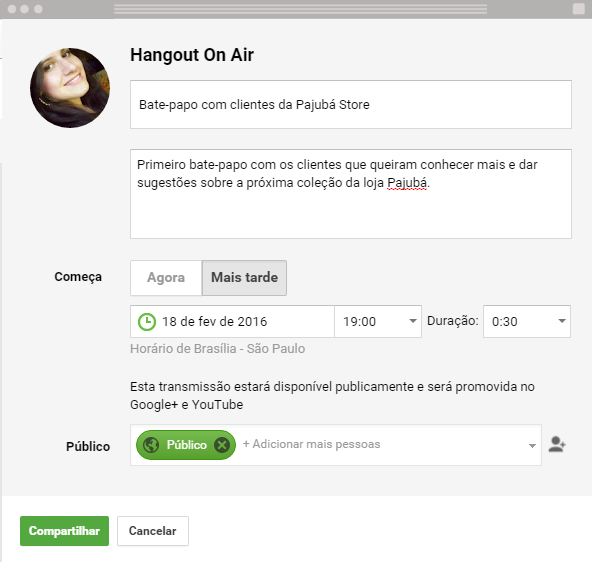 Criar um hangout on air